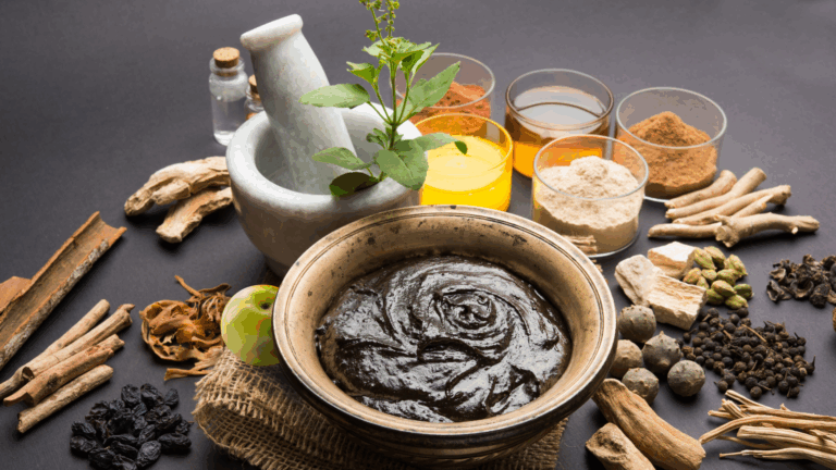 Ayurvedic plants and herbs on a table
